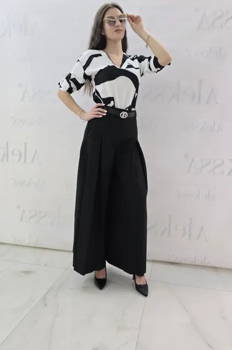 Черен панталон с широк крачол - 650 - Черен панталон с широк крачол - 650