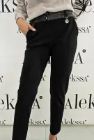 Спорно-елегантен Черен панталон с кожа - Спорно-елегантен Черен панталон с кожа